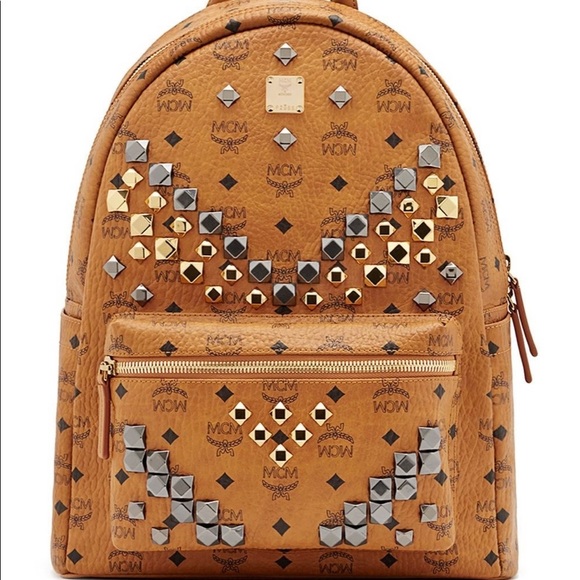 MCM Handbags - Authentic MCM Leather Logo Studded Backpack brown